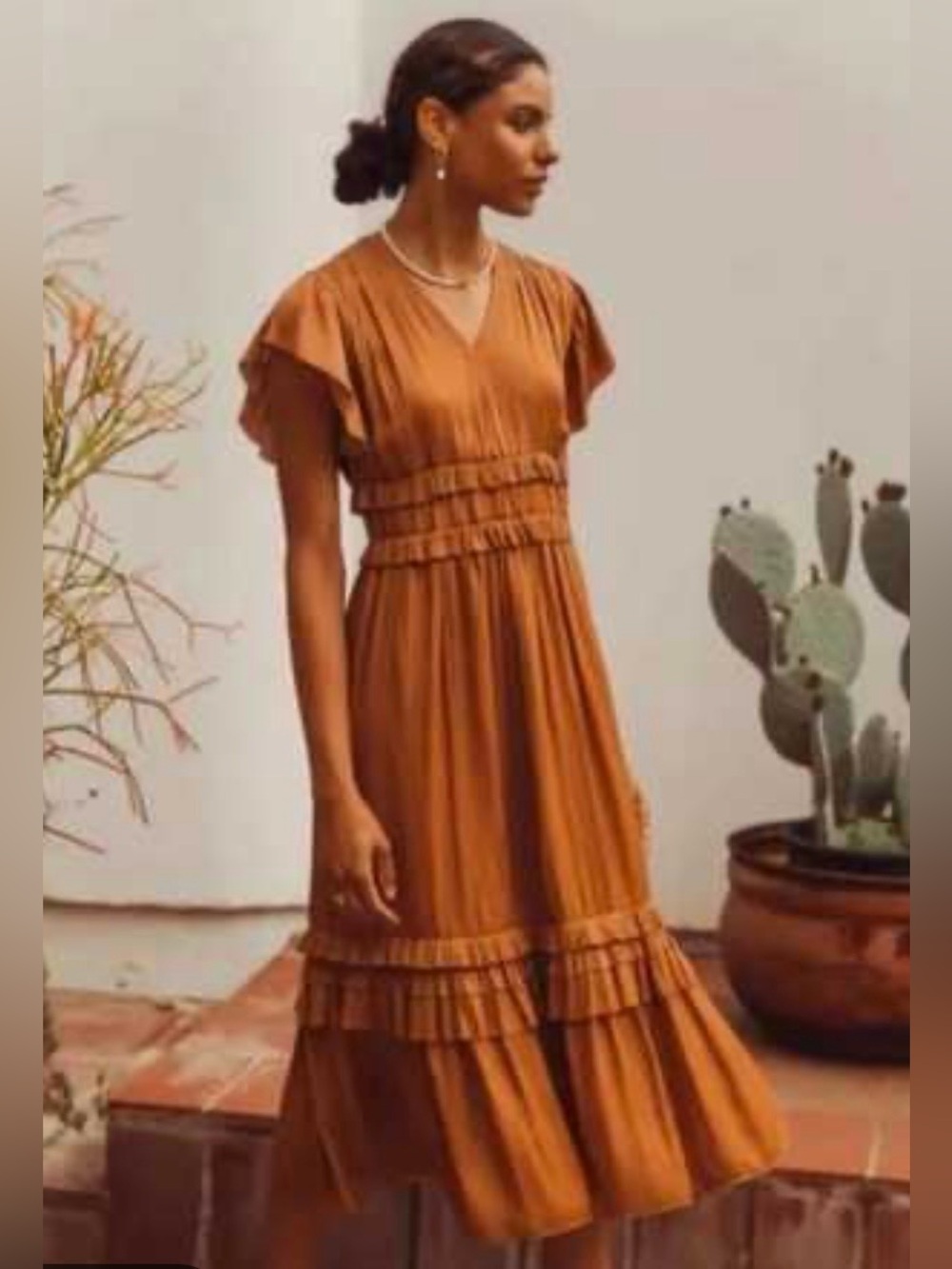 Böhme Willa Ruffle Midi Short Flutter Sleeves Tiered Dress in Camel size large